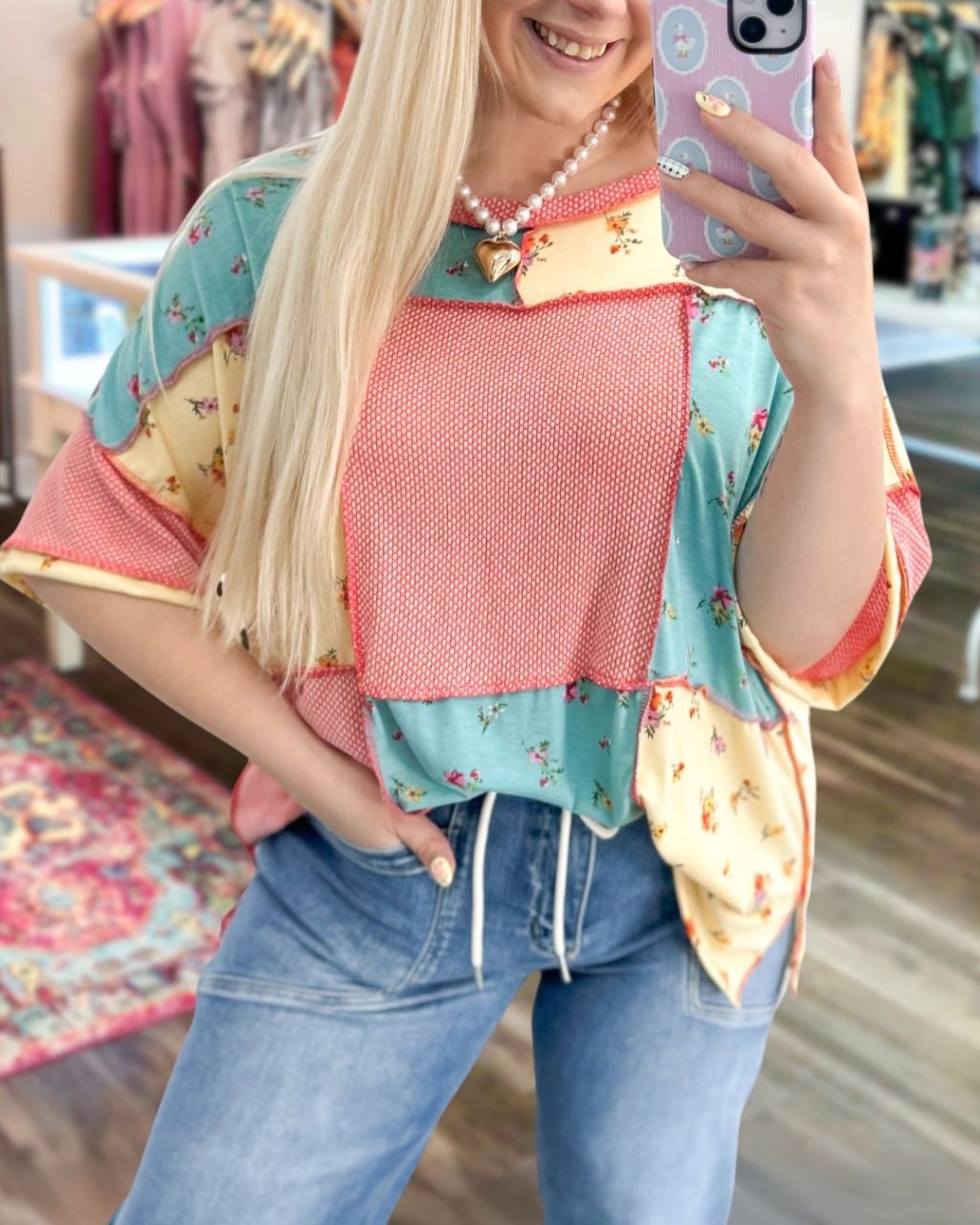 Unique Floral Color-blocked Patchwork Top