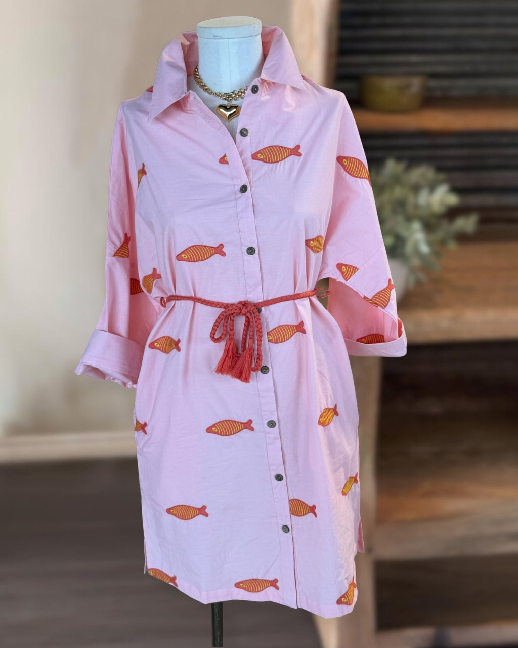 Fish Embroidered Shirt Dress