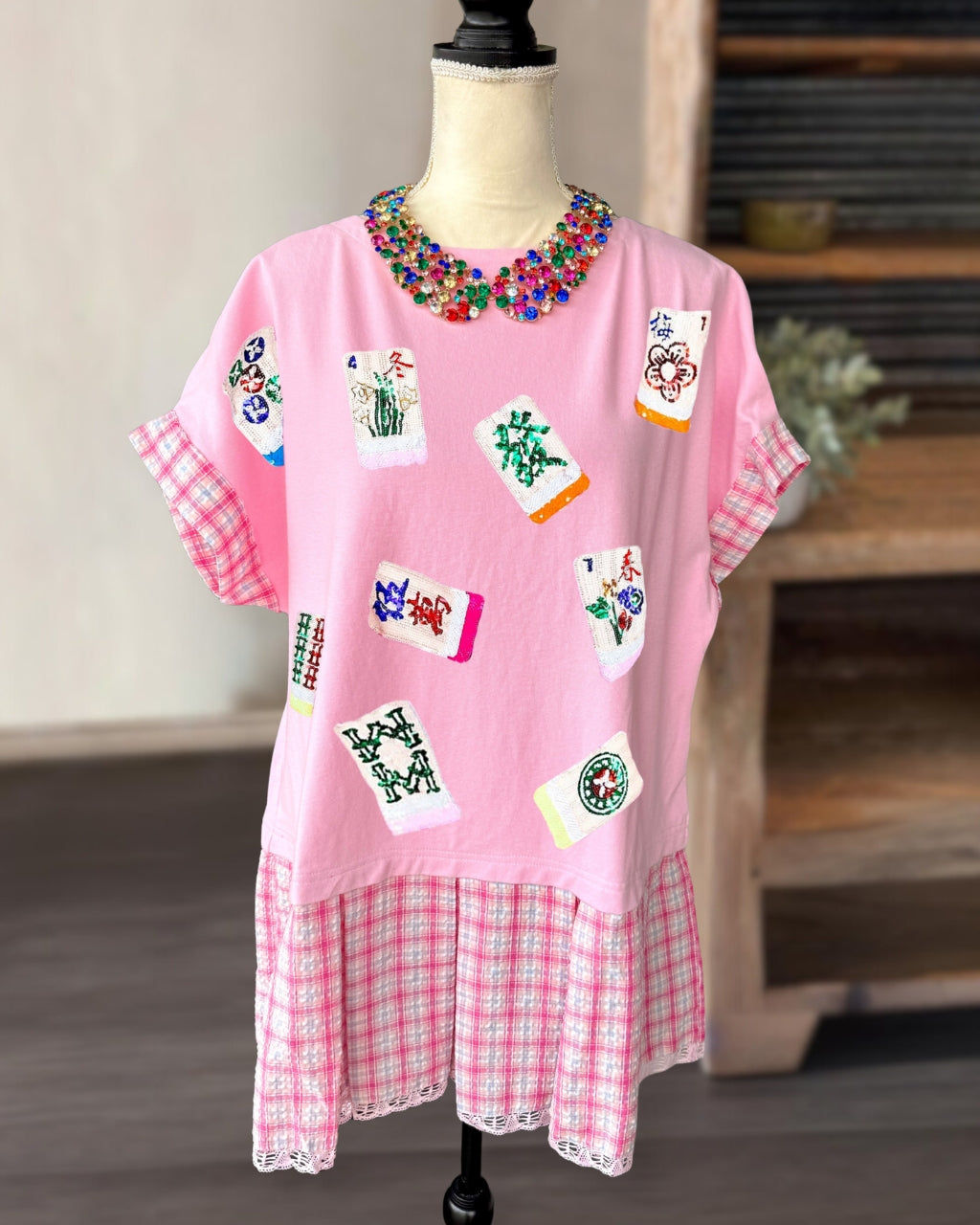 Mahjong Sequined Plaid Patchwork Dress