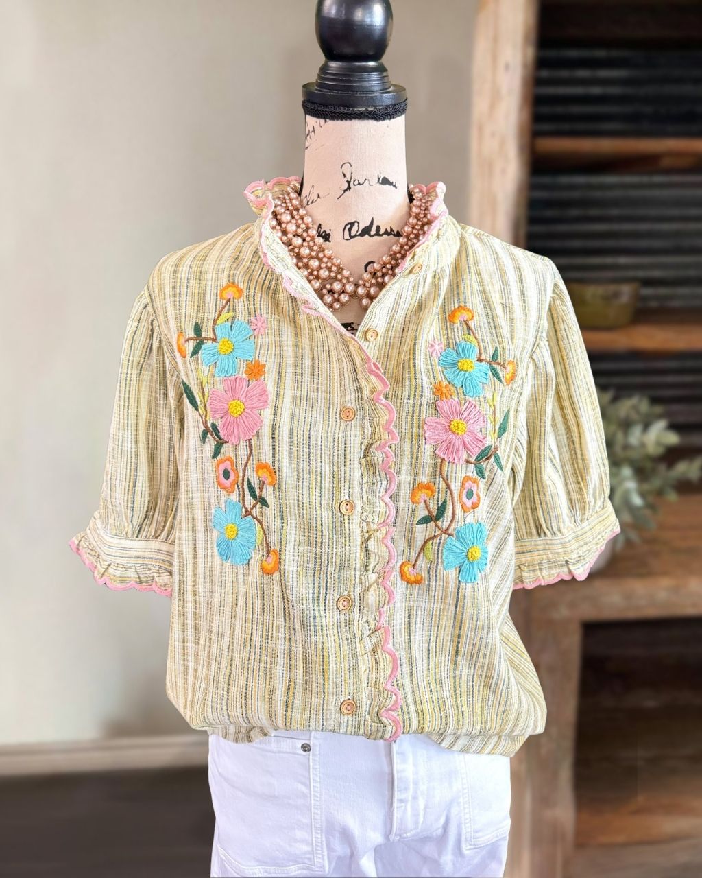 Floral Embroidered Striped Shirt