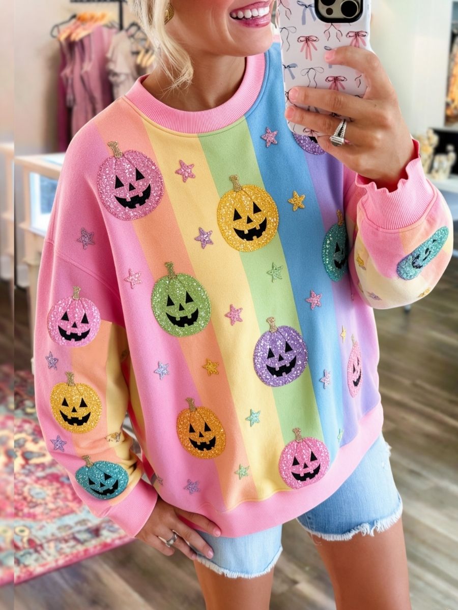 Rainbow Striped Sequin Pumpkin Pullover