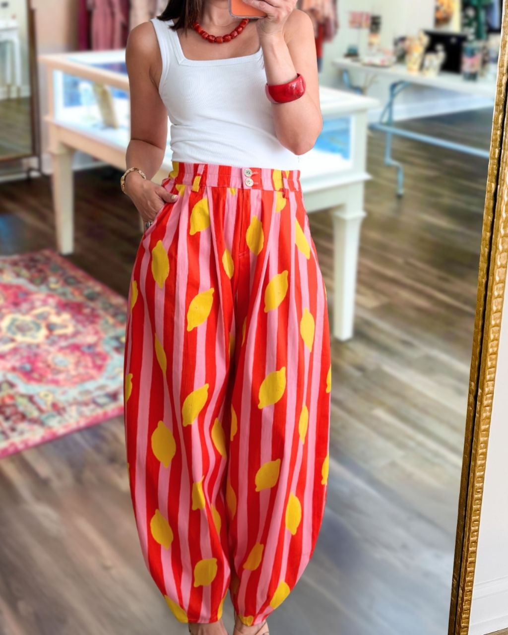 Lemon Pattern Striped Lantern Pants