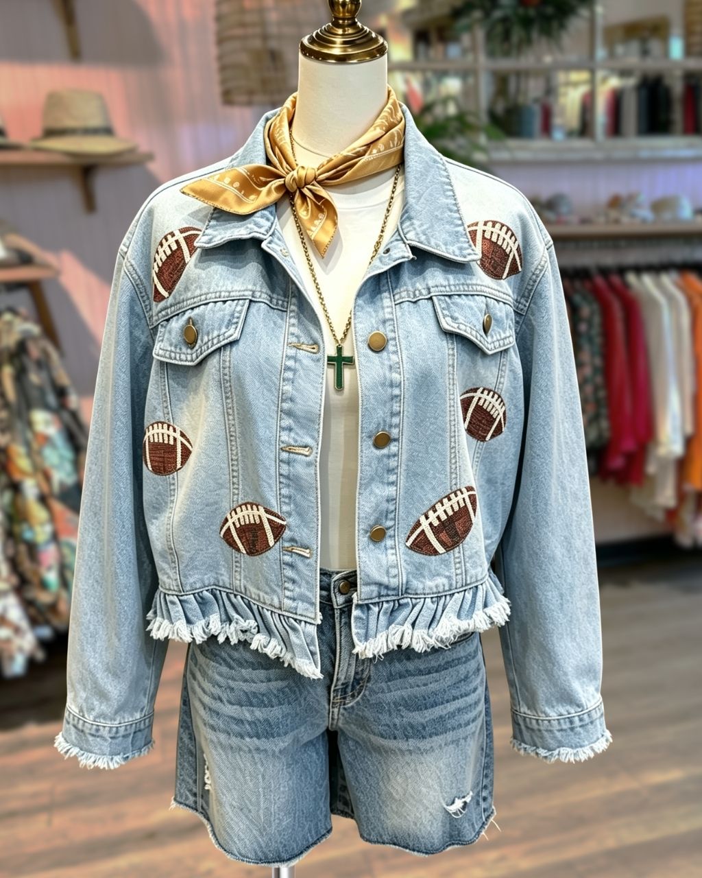 Football Sequined Frayed Denim Jacket