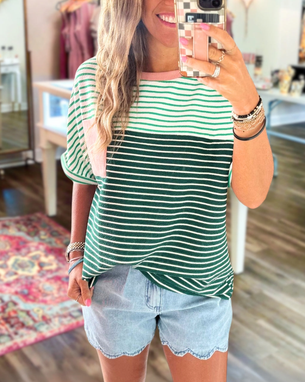 Color-block Striped Ribbed Trim Top