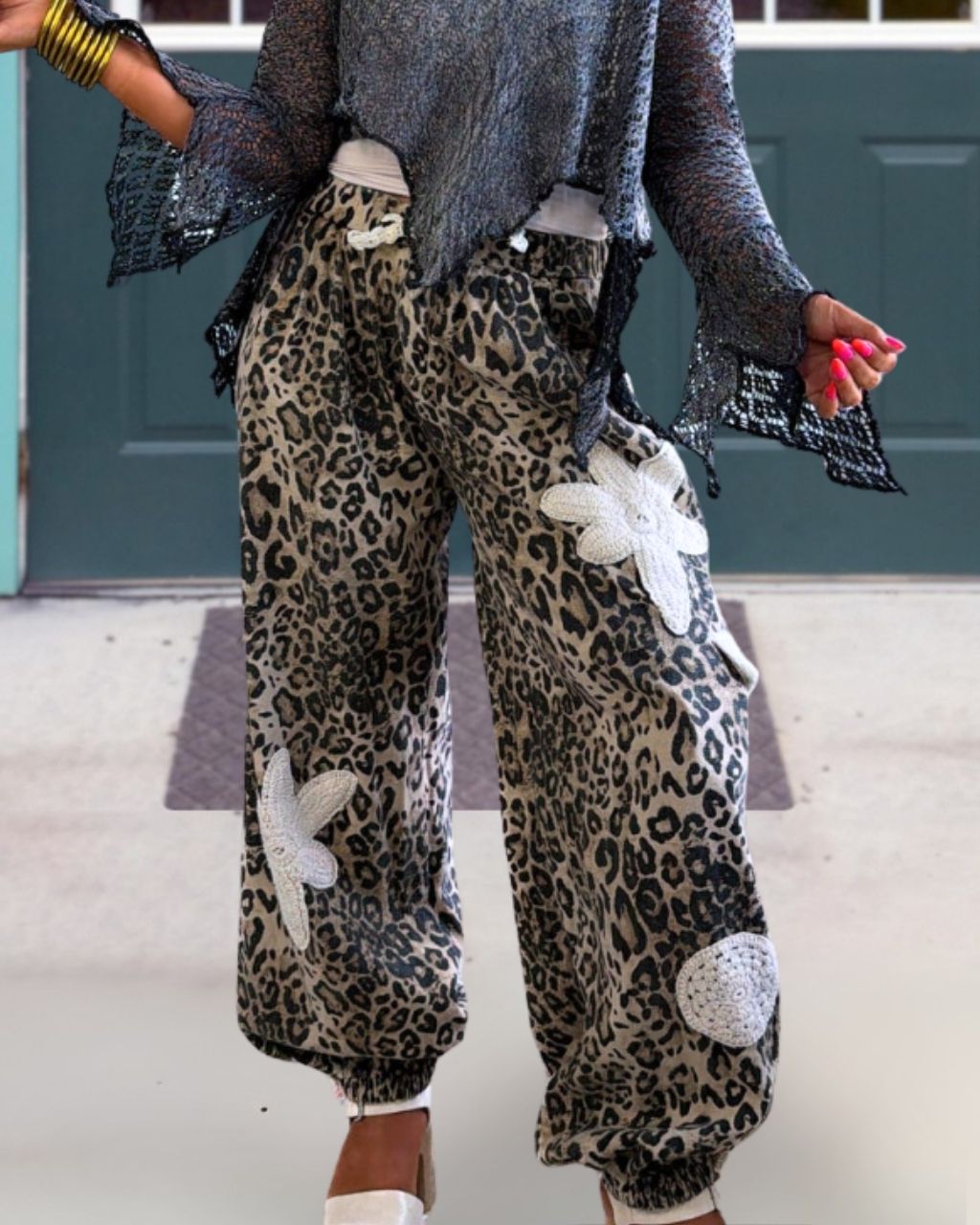 Floral Embroidery Appliqué Leopard Pants