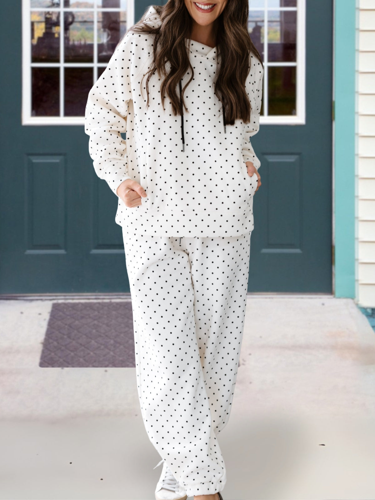 Fashionable Polka Dot Hooded Sweatshirt Set