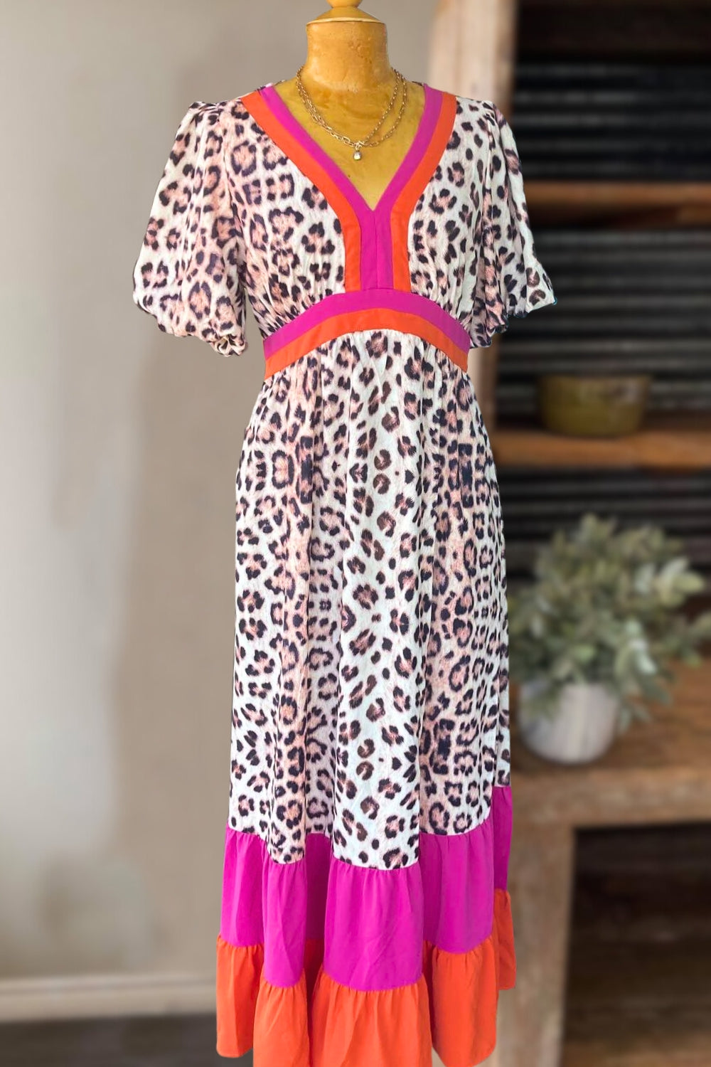 Color Blocked Leopard Patchwork Midi Dress