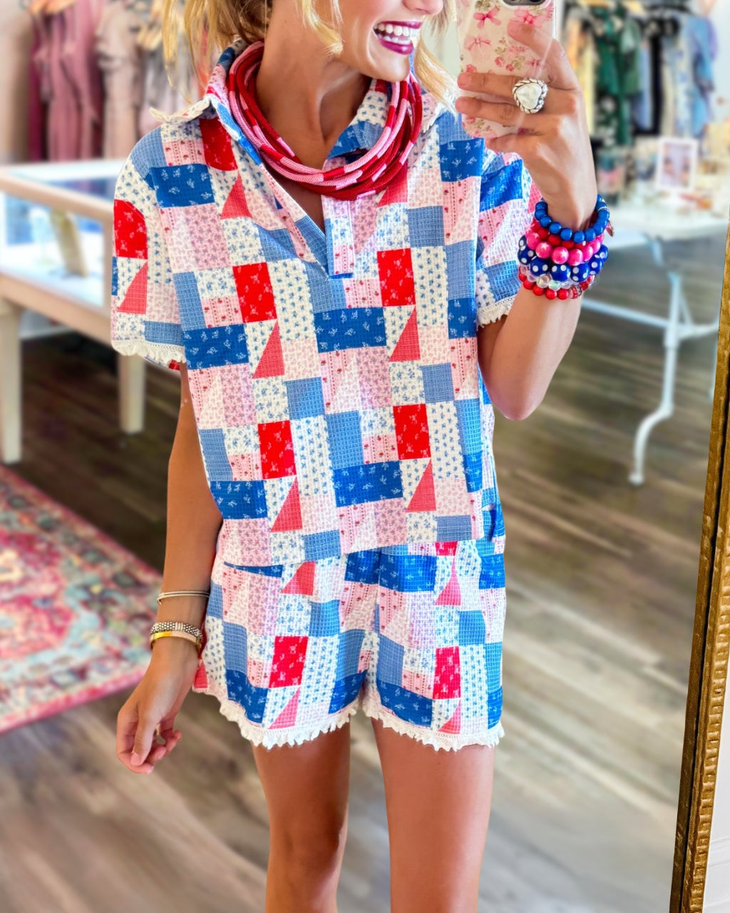 Mixed Plaid Pattern Shorts Set