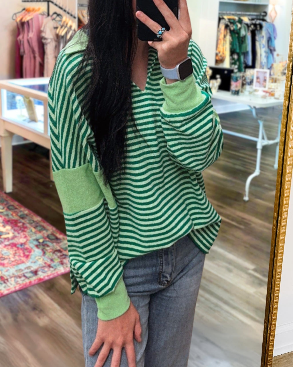 Lapel Striped Sweatshirt-Green