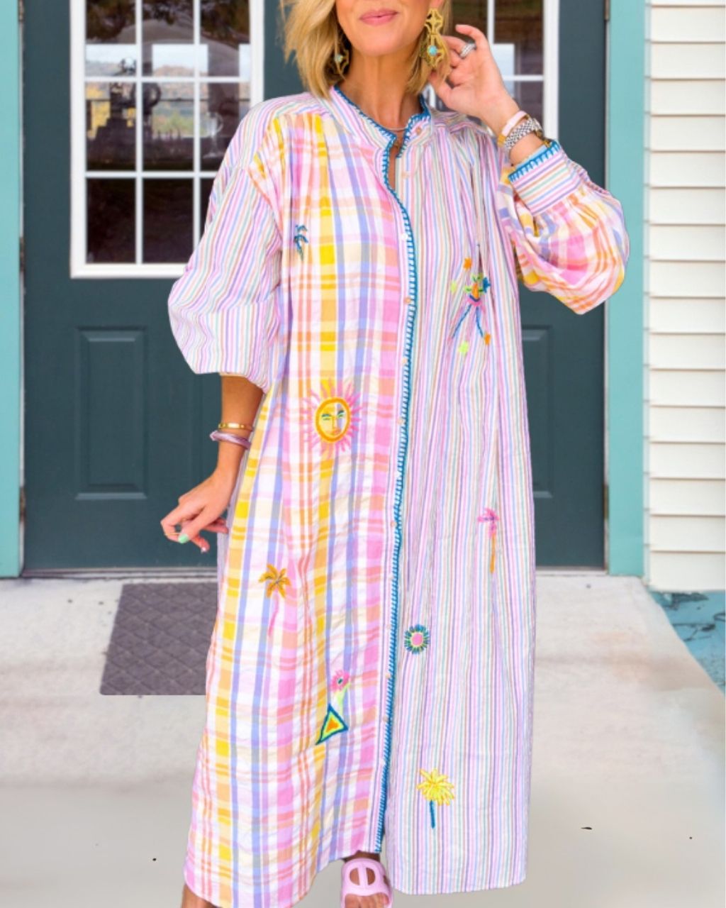 Plaid Striped Embroidered Button Dress