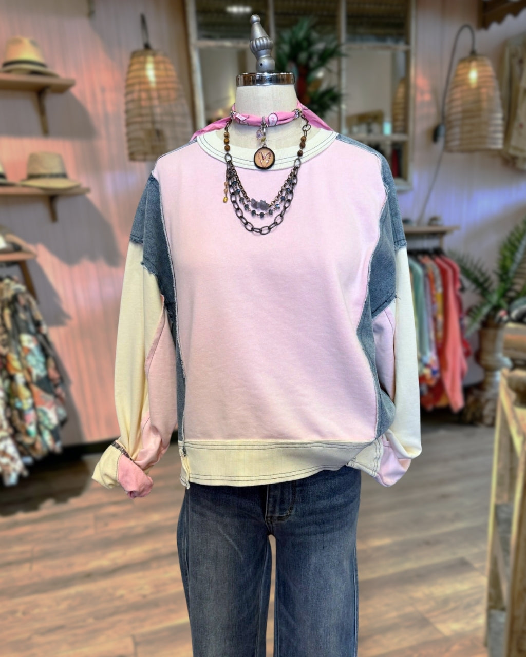 Washed Distressed Color Blocked Pullover