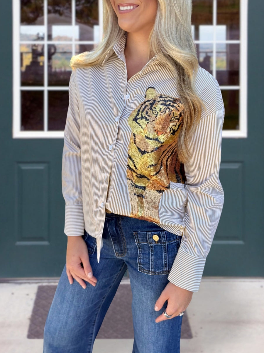 Bold Tiger Sequin Striped Shirt