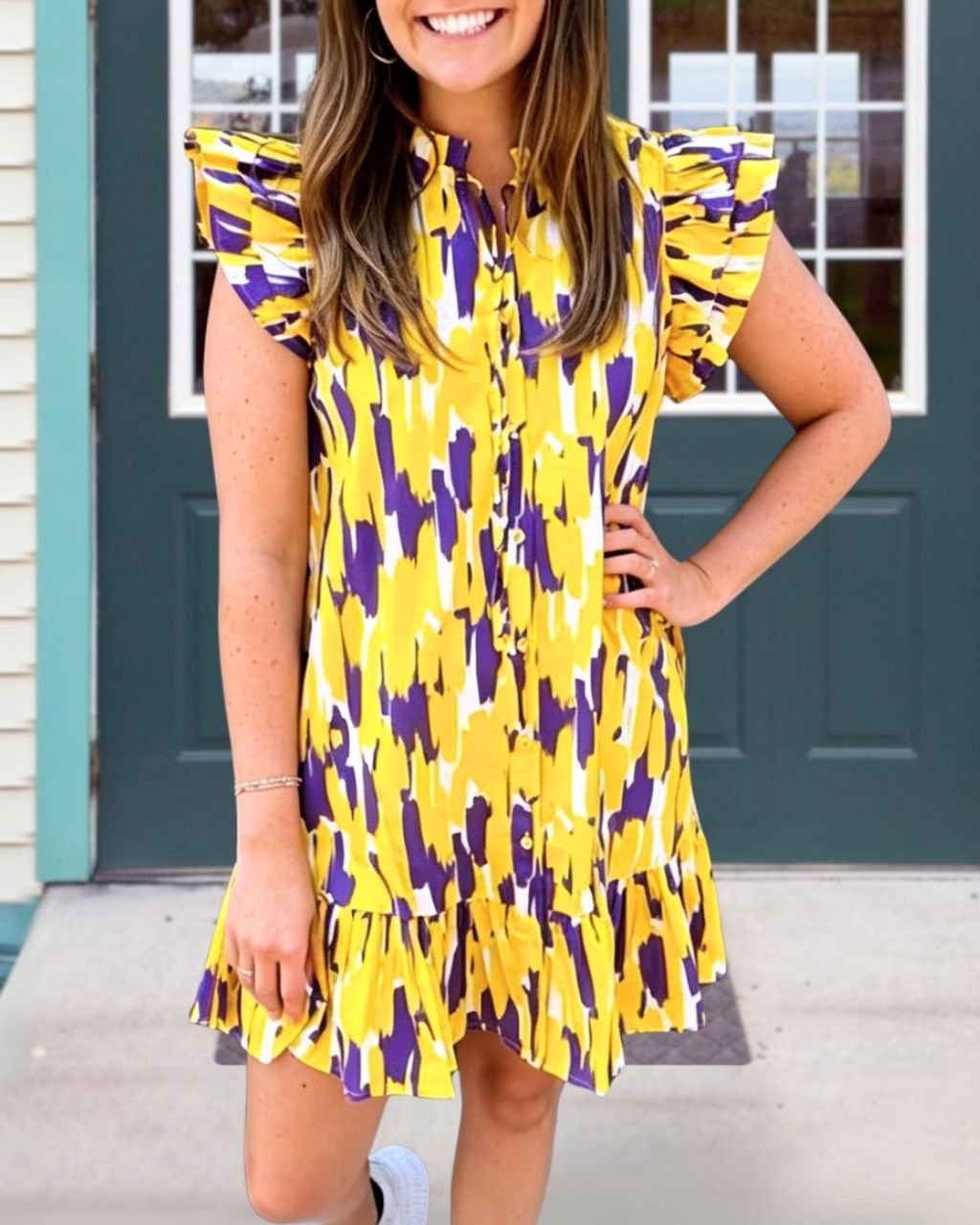 Game Day Abstract Print Flutter-Sleeve Dress