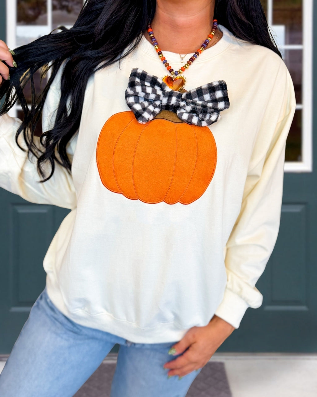 Pumpkin Embroidered 3D Bow Pullover