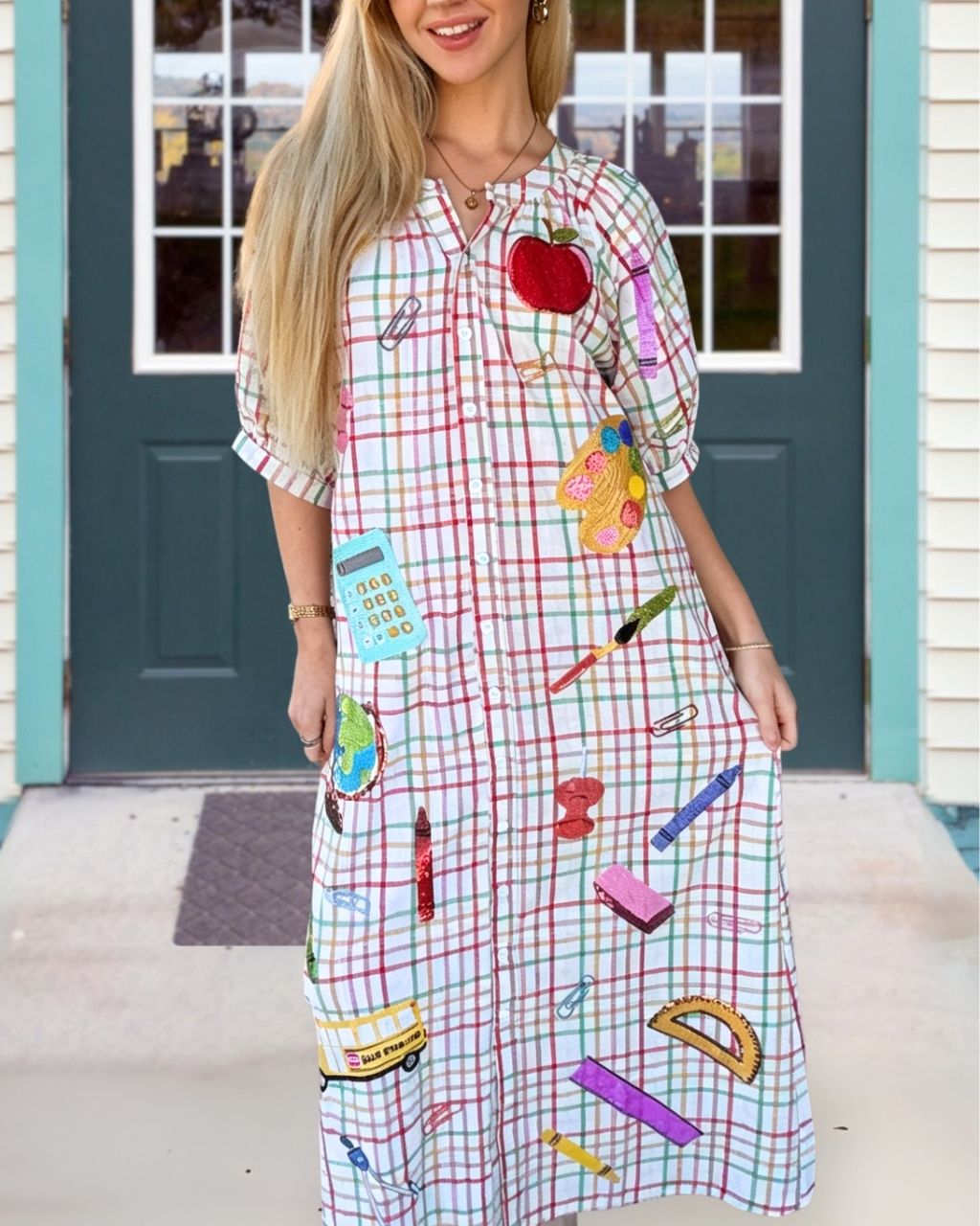 School Supplies Sequined Plaid Shirt Dress