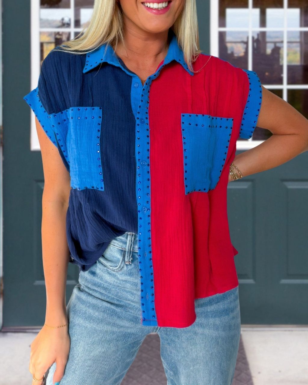 Stylish Color-Block Rhinestone Shirt