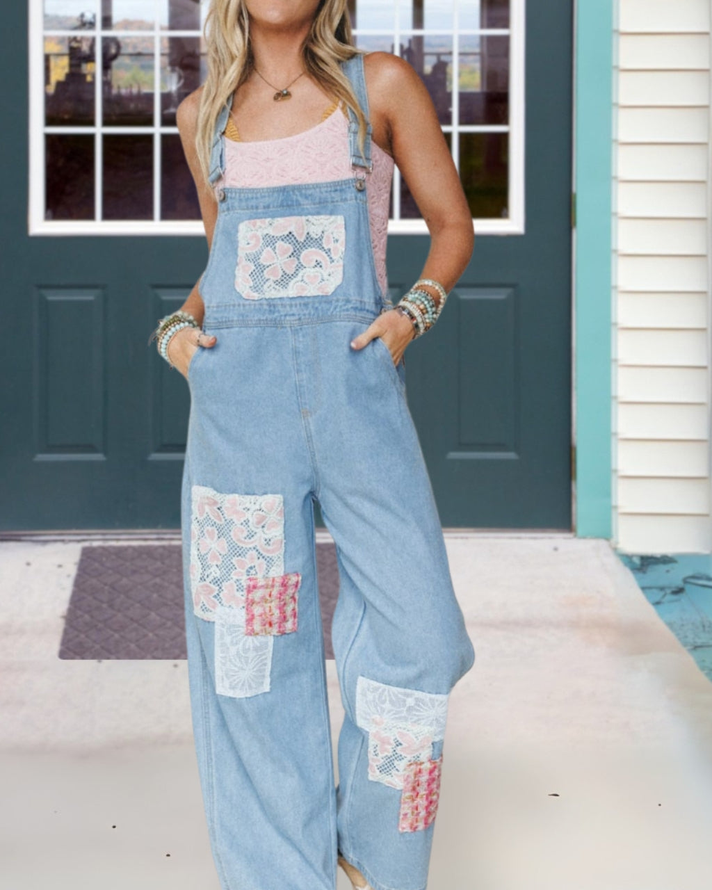 Lace Patchwork Denim Overalls
