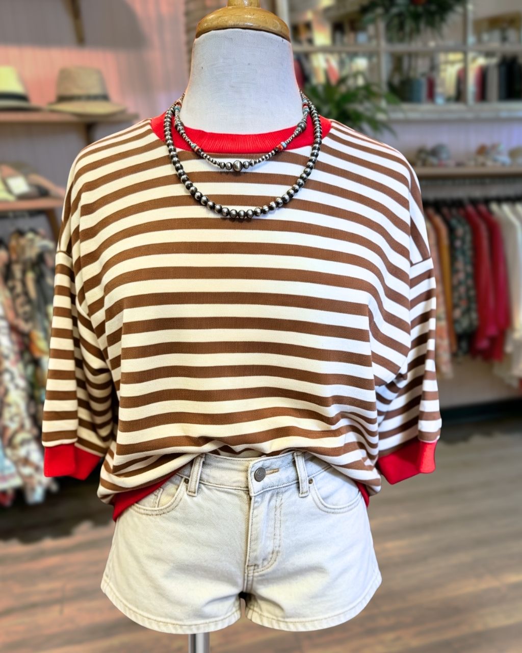 Contrasting Trim Striped Top