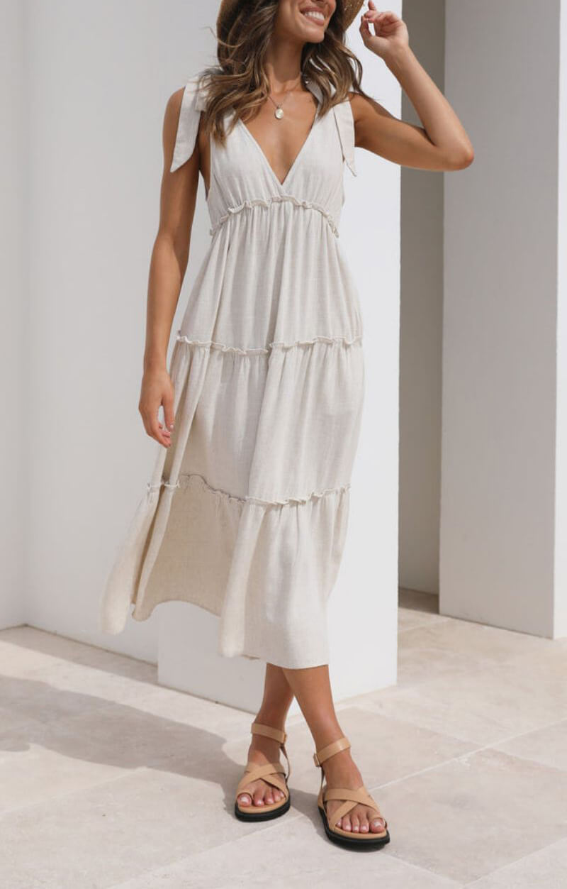 Elegant Linen V-Neck Tie Dress