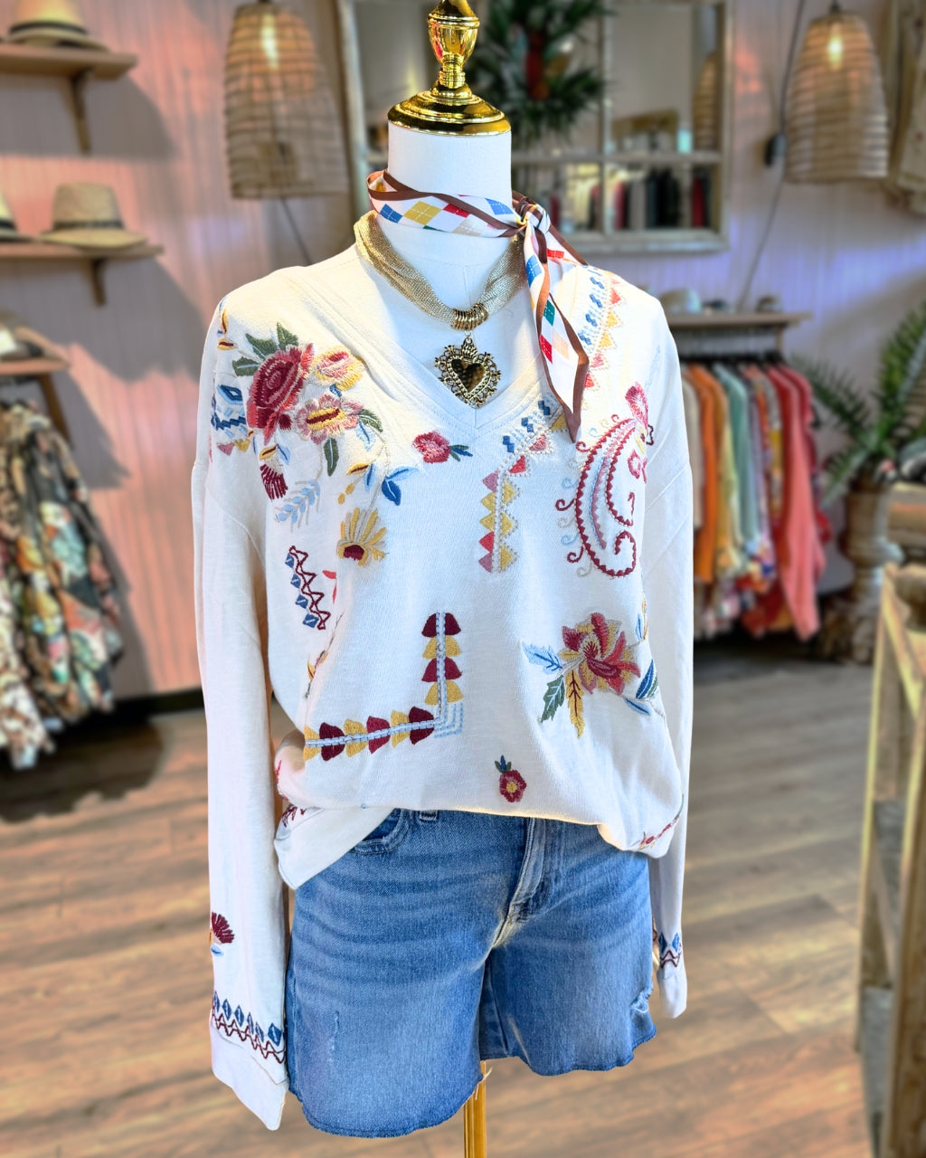 Floral-embroidered V-neck pullover