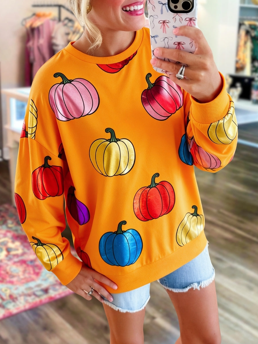 Colorful Pumpkin Gold Foil Print Pullover