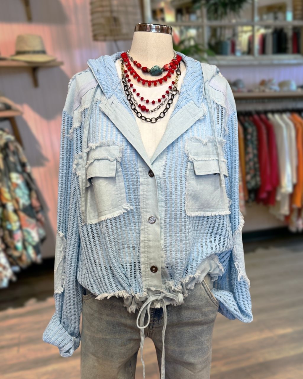 Distressed Mesh Knit Hooded Jacket