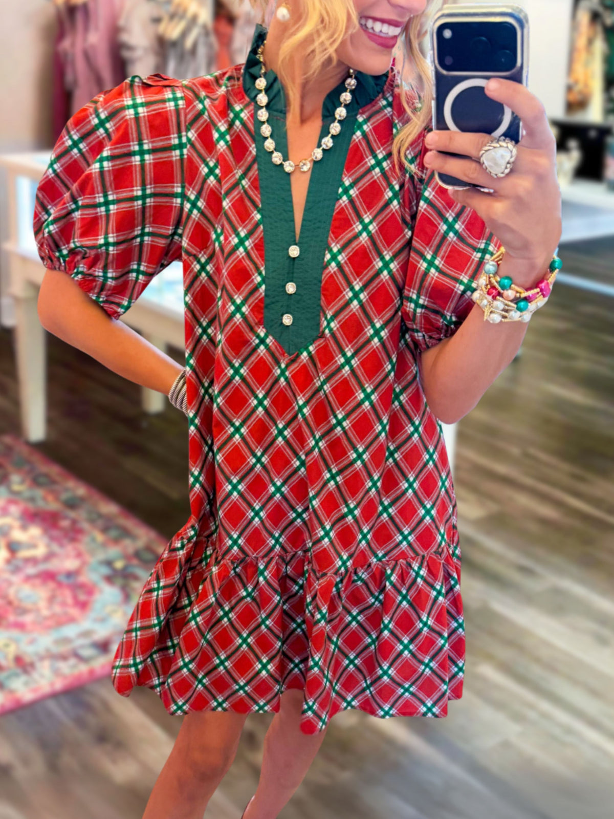 Checked Ruffled Color-Block Dress