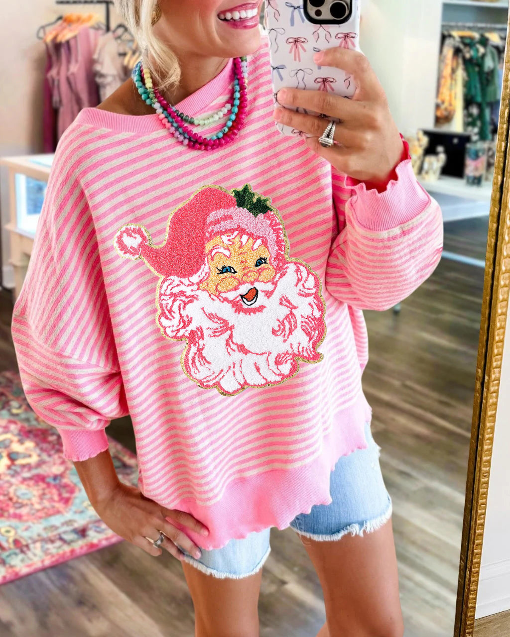 Santa Claus Embroidered Striped Sweatshirt