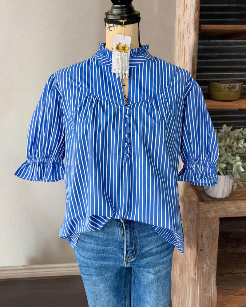 Classic Striped Ruffled V-Neck Top