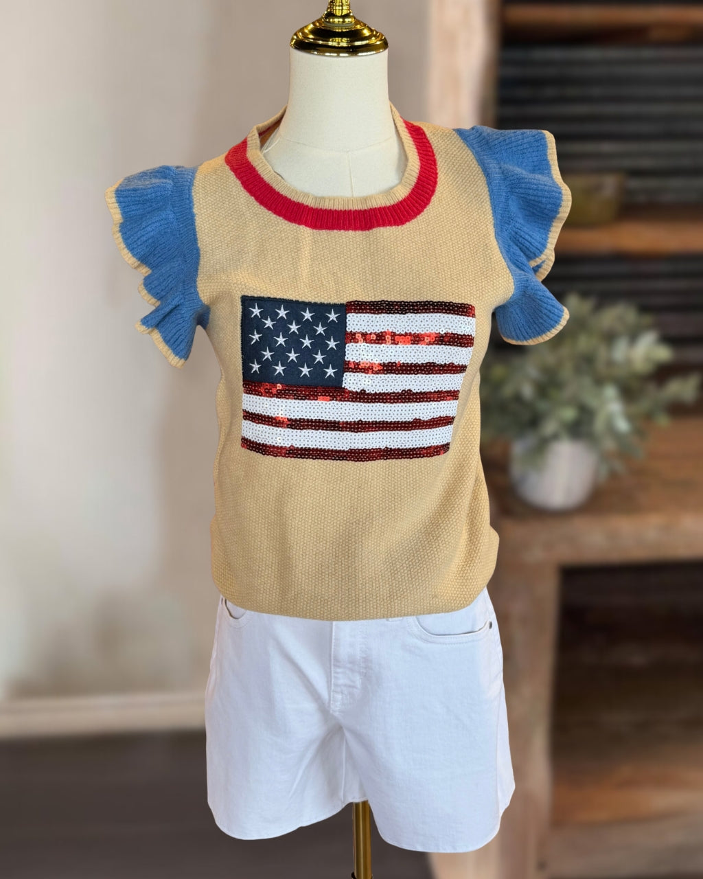 Ruffled Sleeves Sequin Flag Top