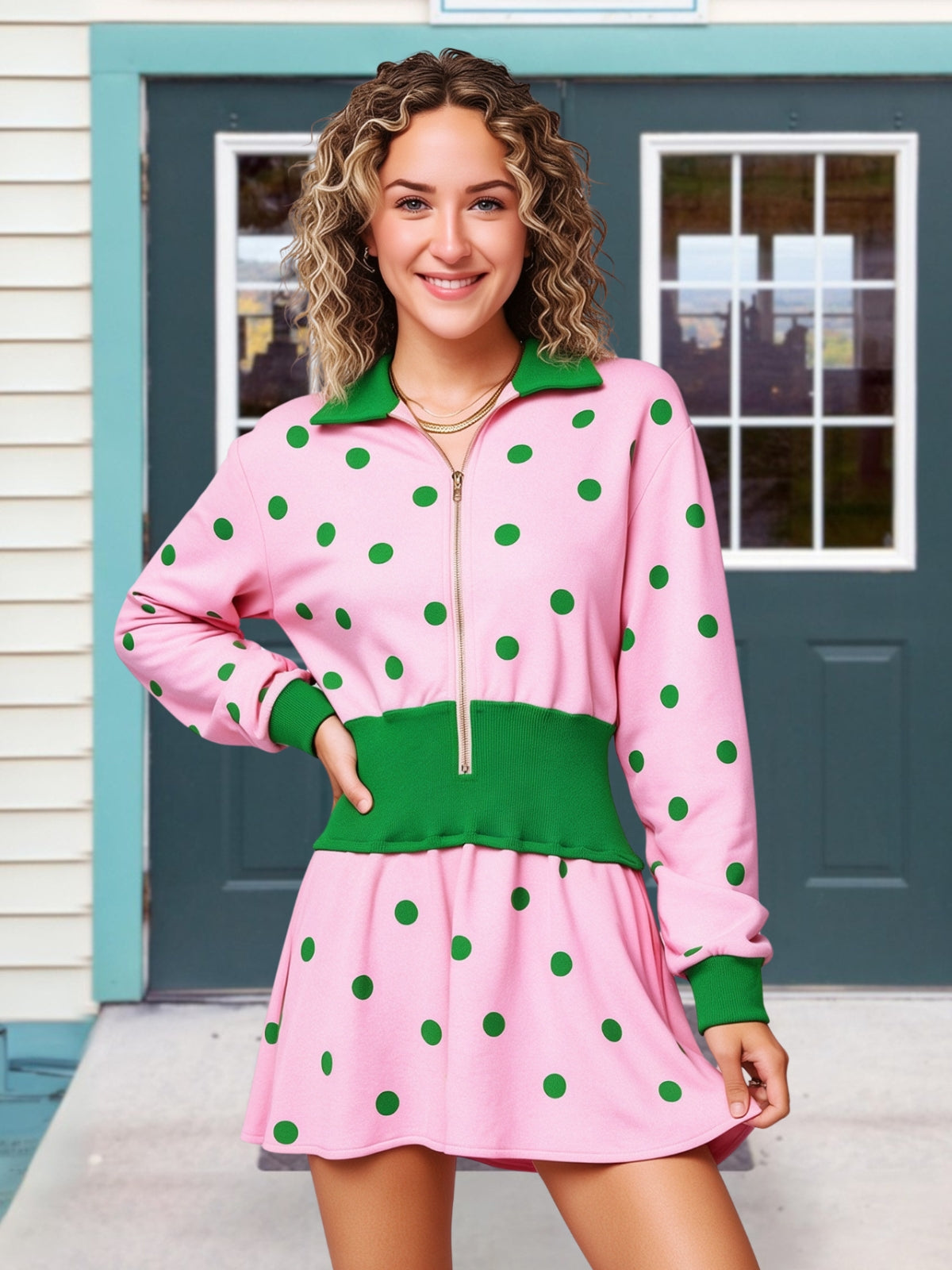 Stylish Polka-Dot Color-Block Collared Dress