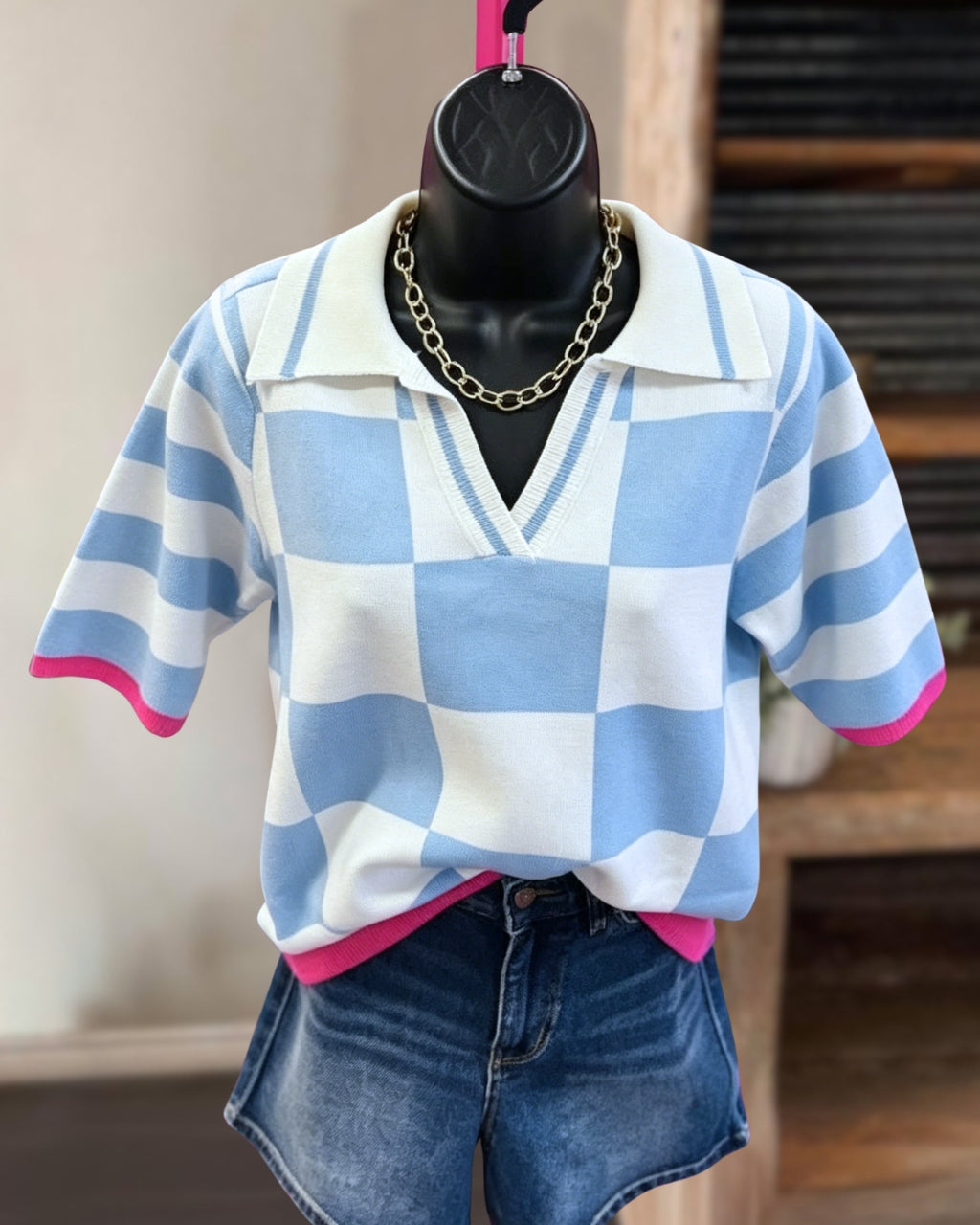 Plaid Contrast Trim Polo Top