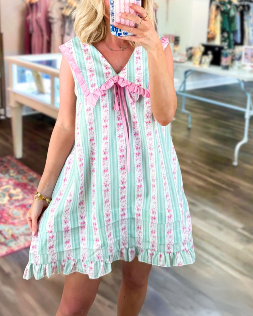 Sweet Floral Lapel Striped Dress