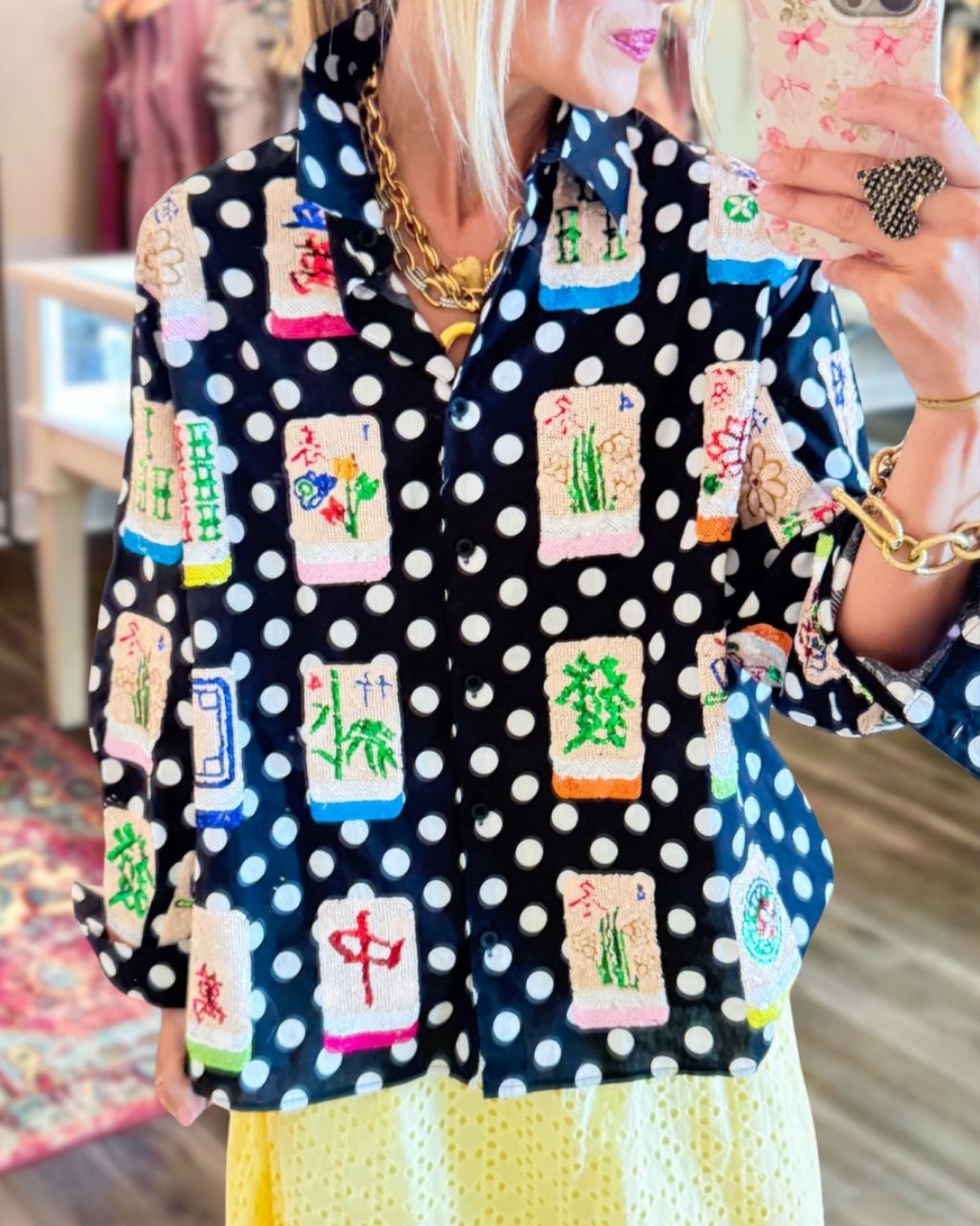 Mahjong Sequined Polka-dot Satin Shirt
