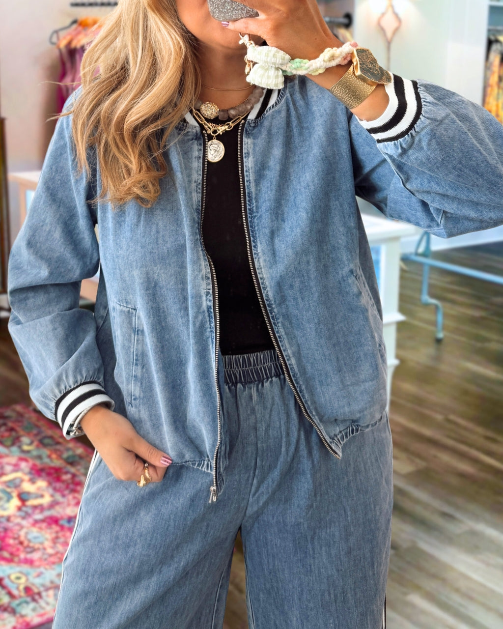 Chic Denim Stripe Accent Jacket