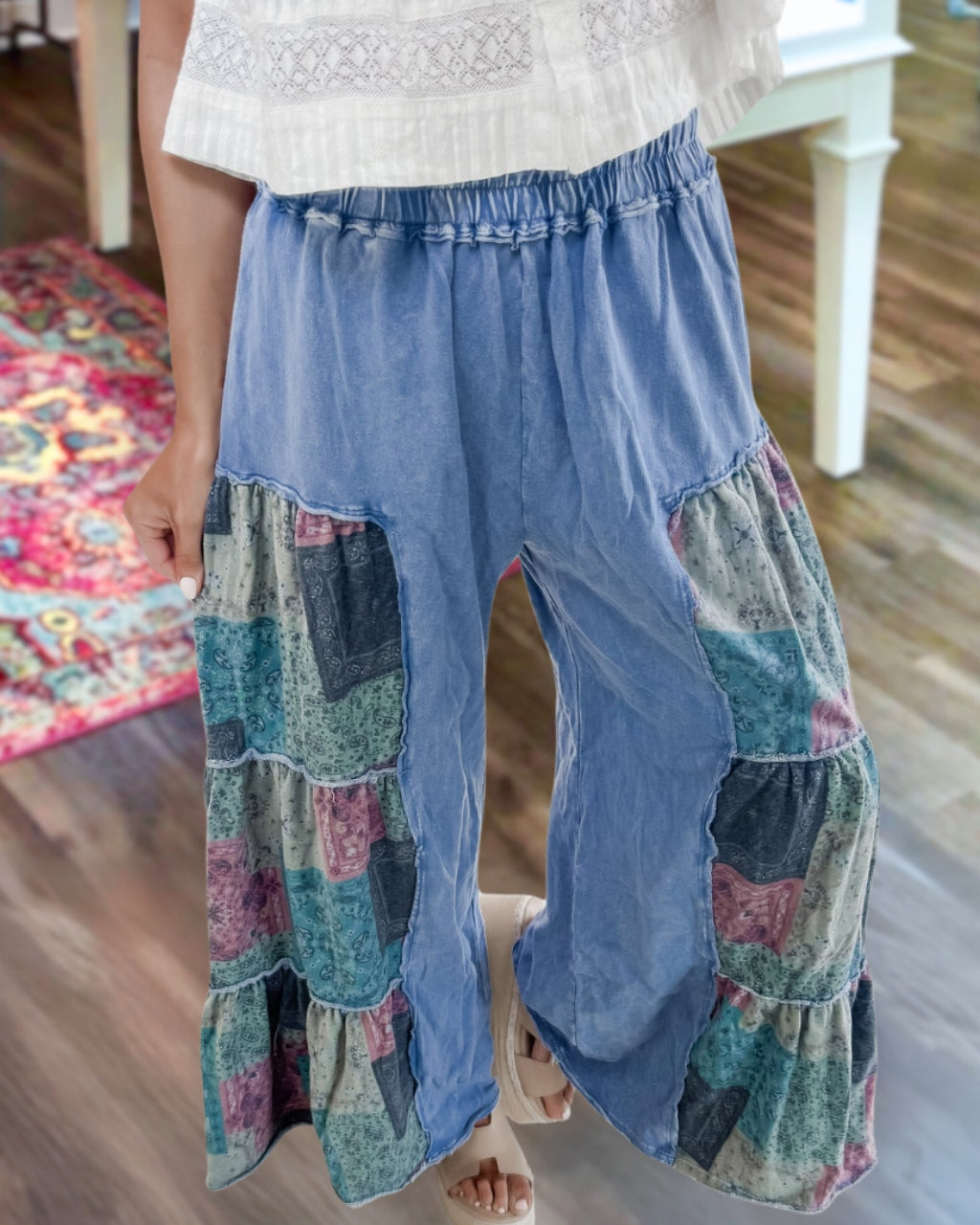 Floral Patchwork Washed Wide-leg Pants