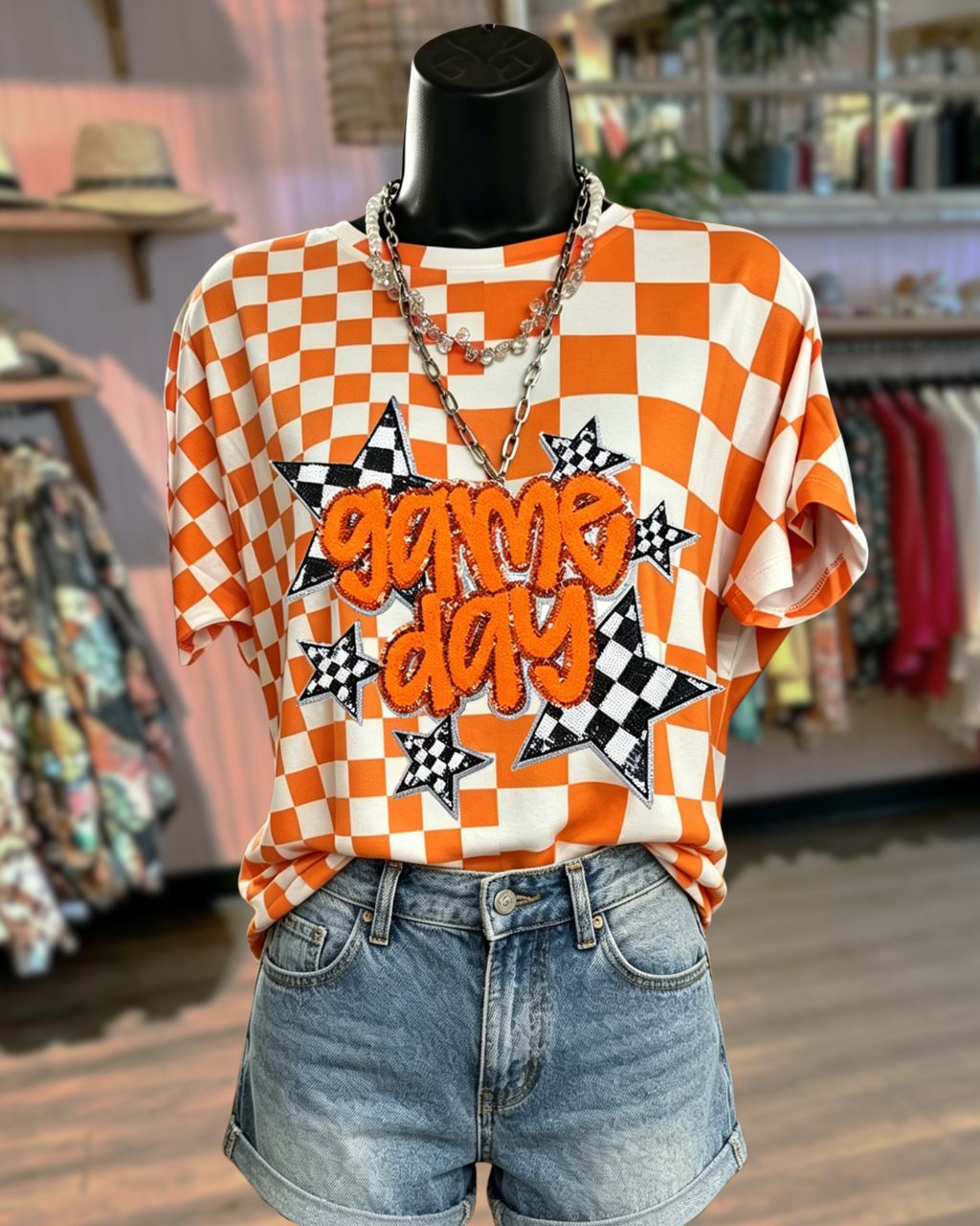 Gameday Star-Embroidered Plaid Tee