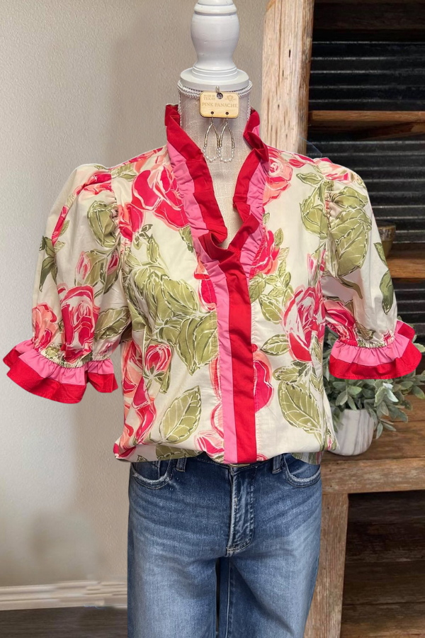 Trendy Floral Ruffled Satin Top