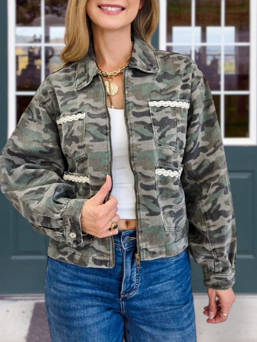 Camouflage Lace Distressed Washed Jacket