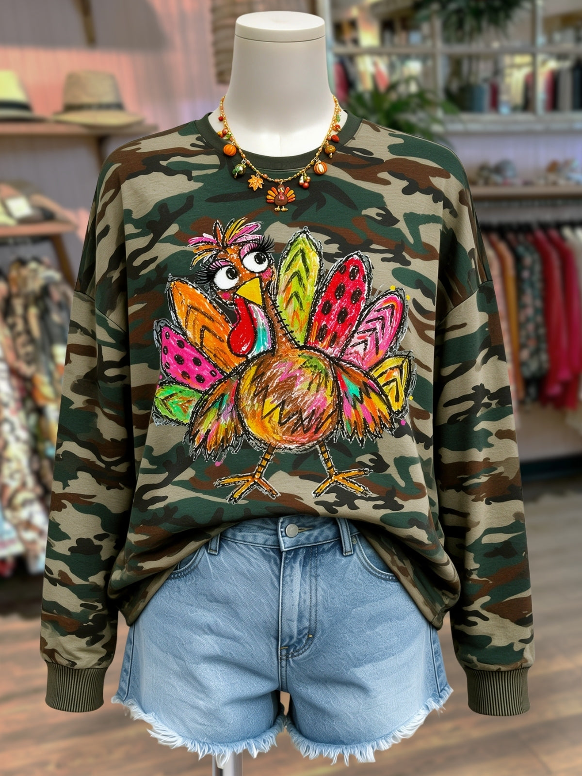 Colorful Turkey Camo Print Pullover