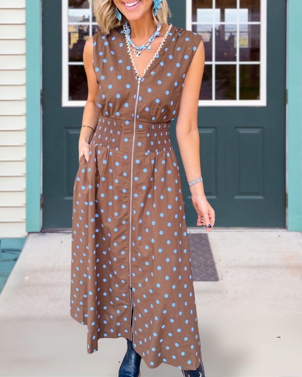 Polka Dot Zipper V-neck Maxi Dress