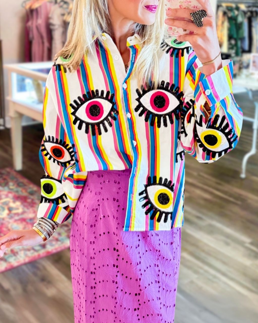 Rainbow-striped Evil Eye Sequin Shirt