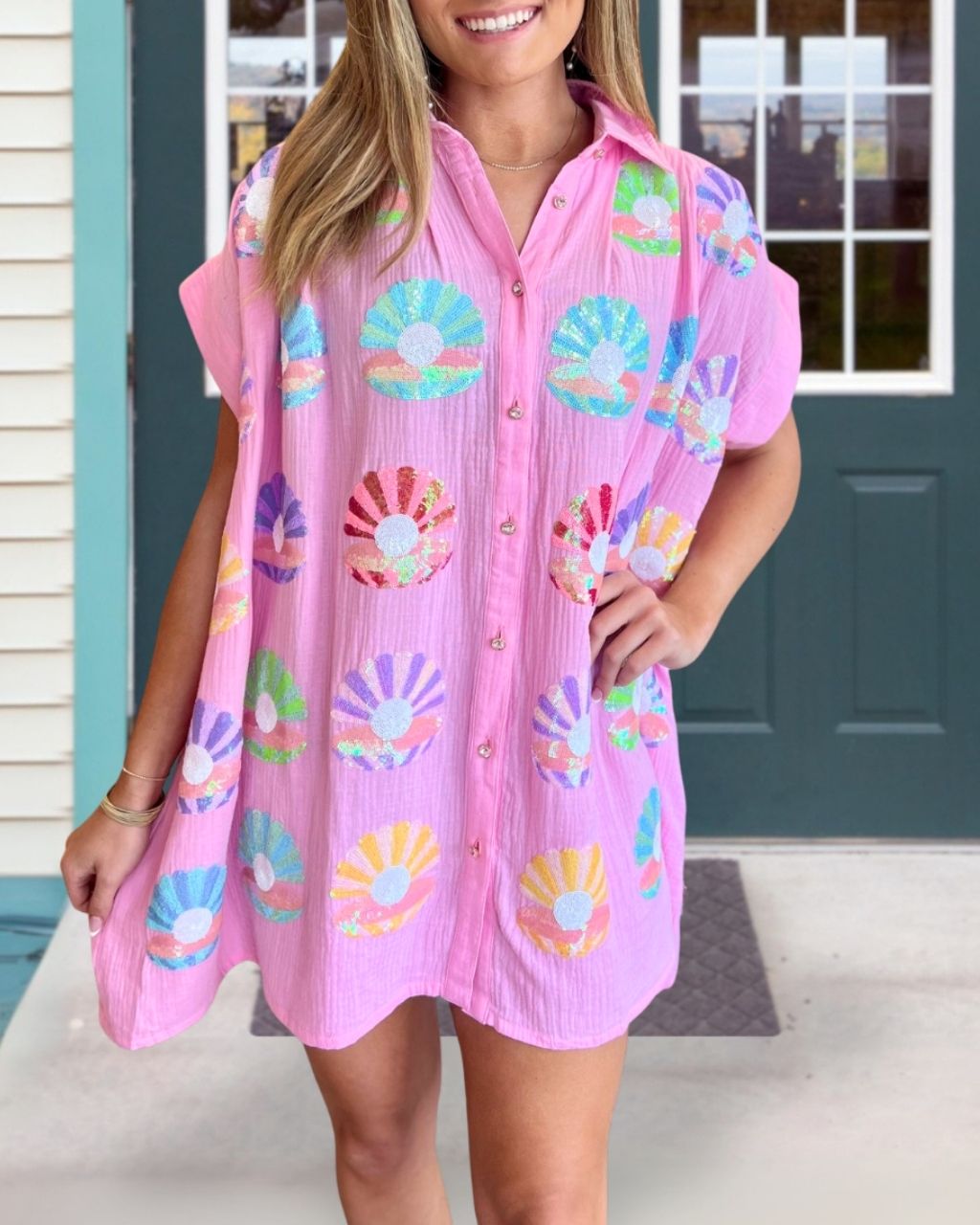 Colorful Seashell Sequined Shirt Dress