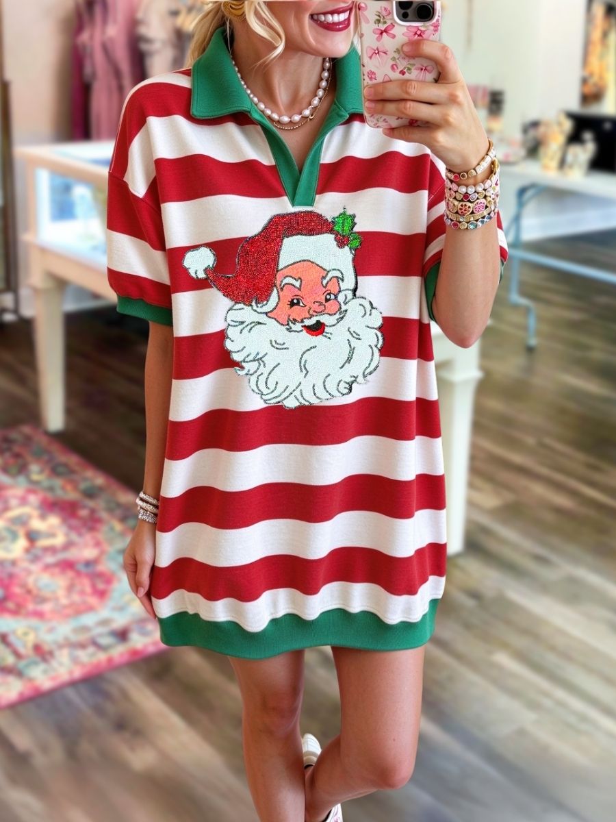 Santa Claus Sequin Striped Polo Dress