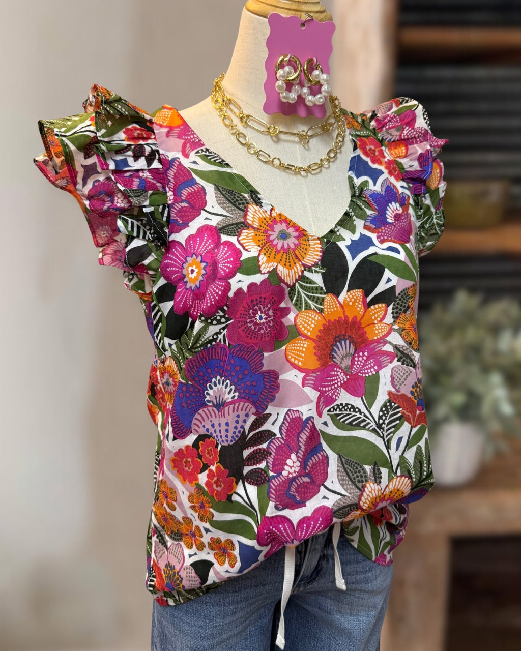 Colorful Floral Ruffle Sleeveless Top