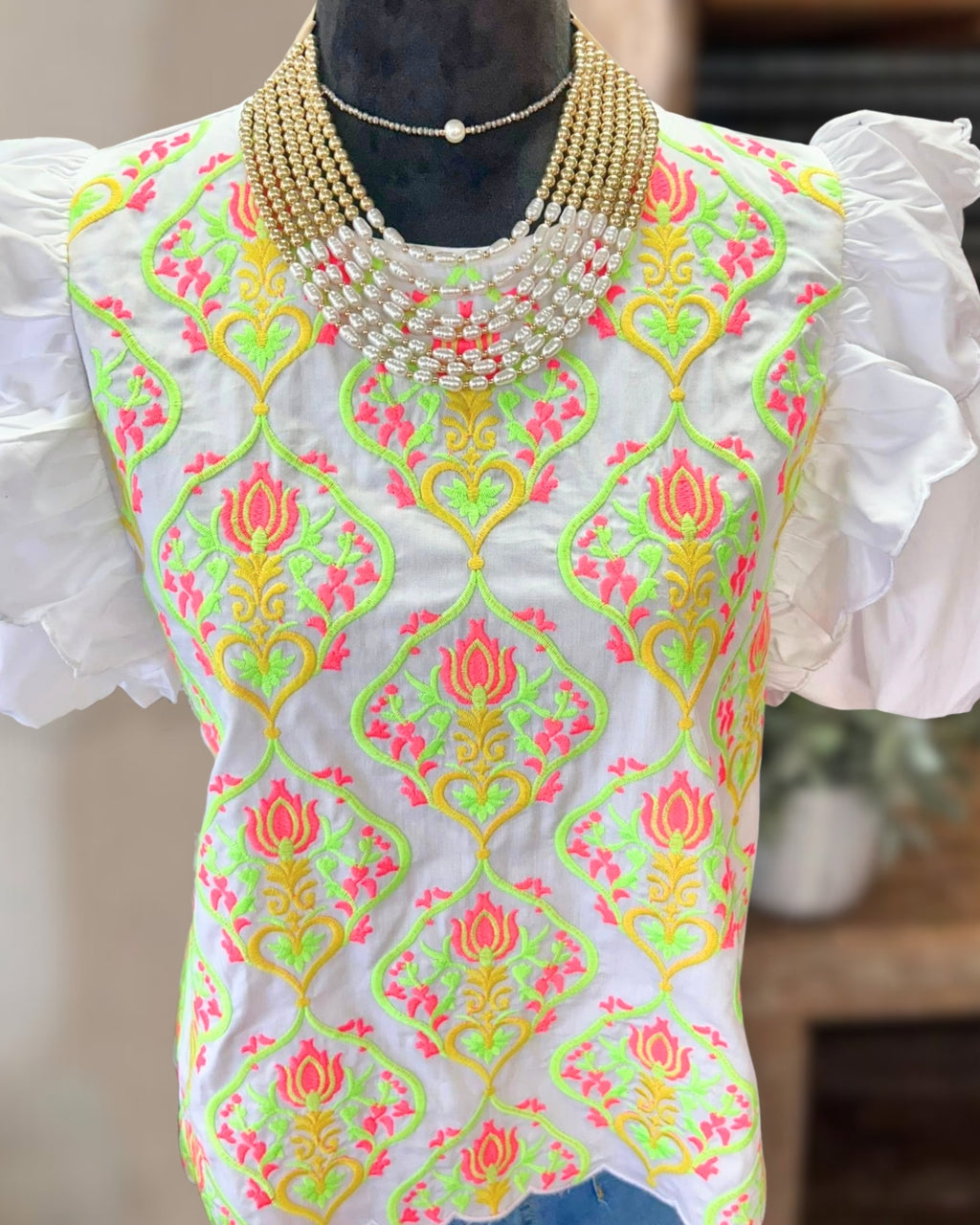 Retro Floral Puff-Sleeve Satin Top