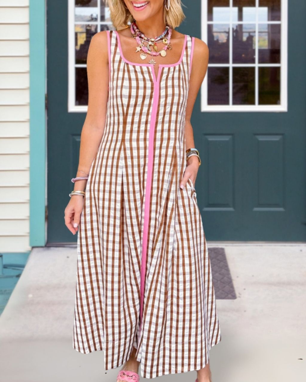 Plaid Contrast Trim Sleeveless Dress