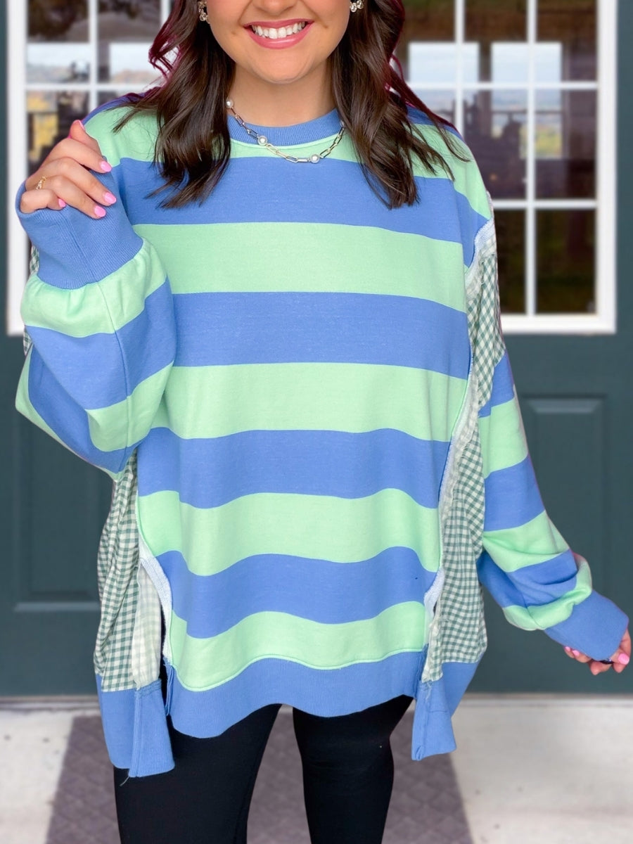 Plaid Striped Split Patchwork Pullover