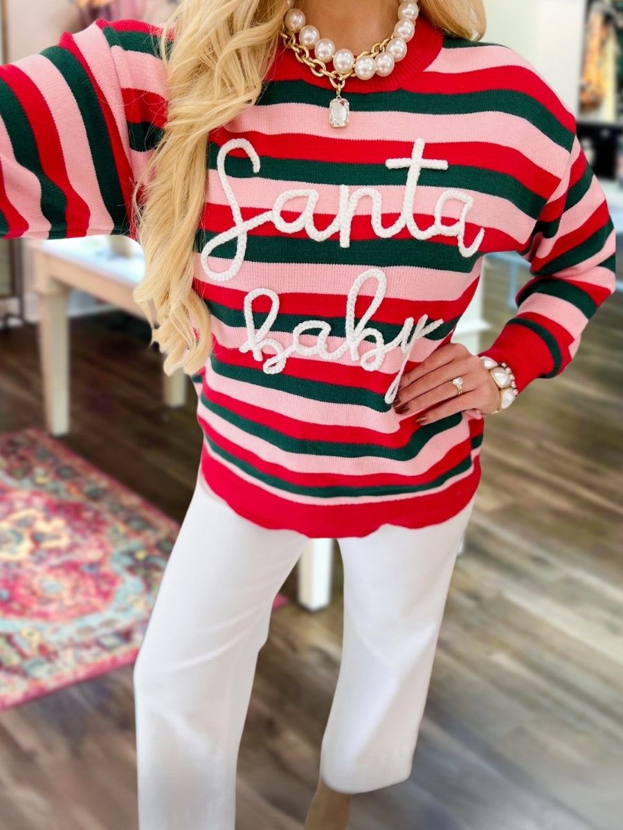 "Santa Baby" Embroidered Striped Pullover