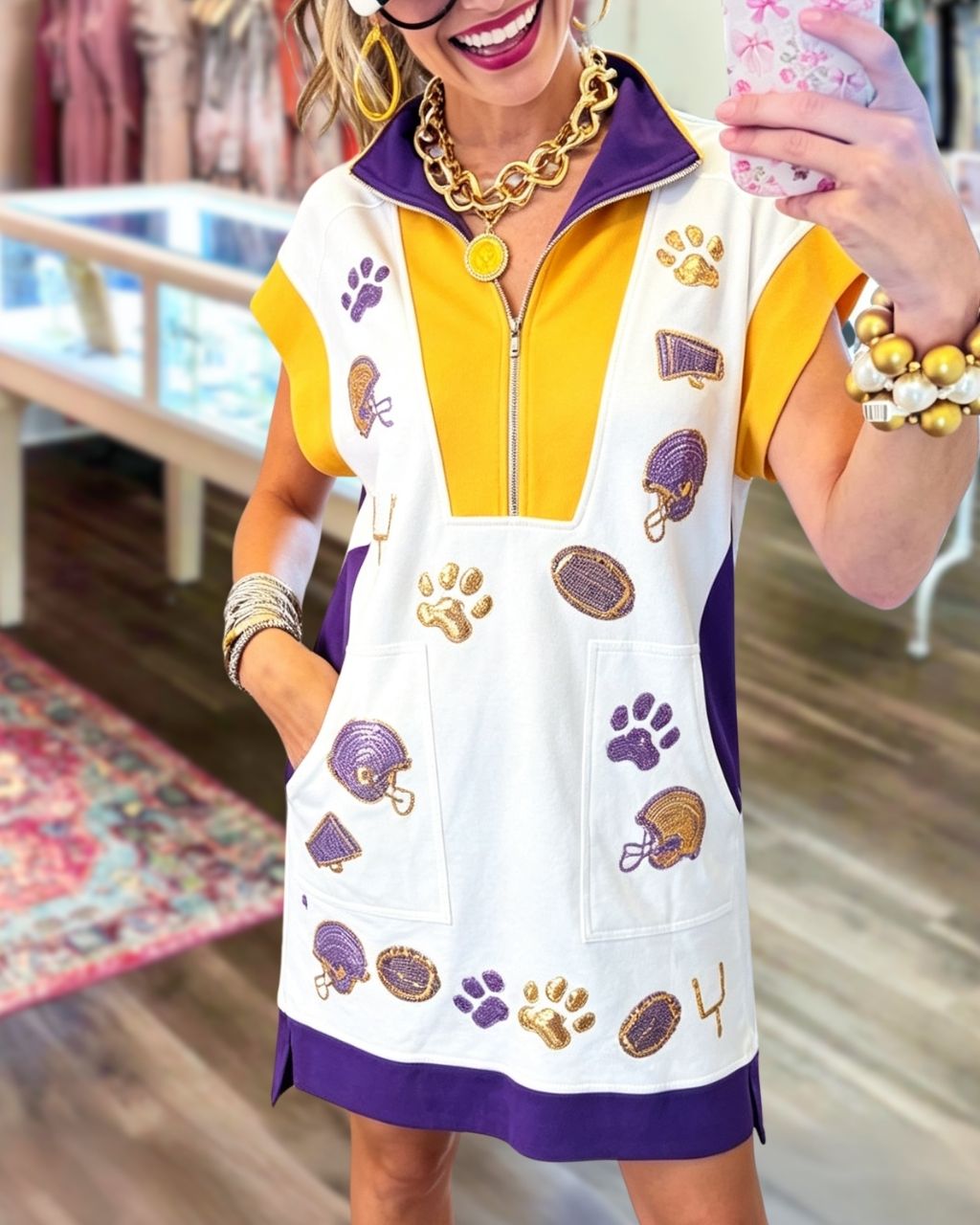 Football Paw Print Sequin Half Zip Dress
